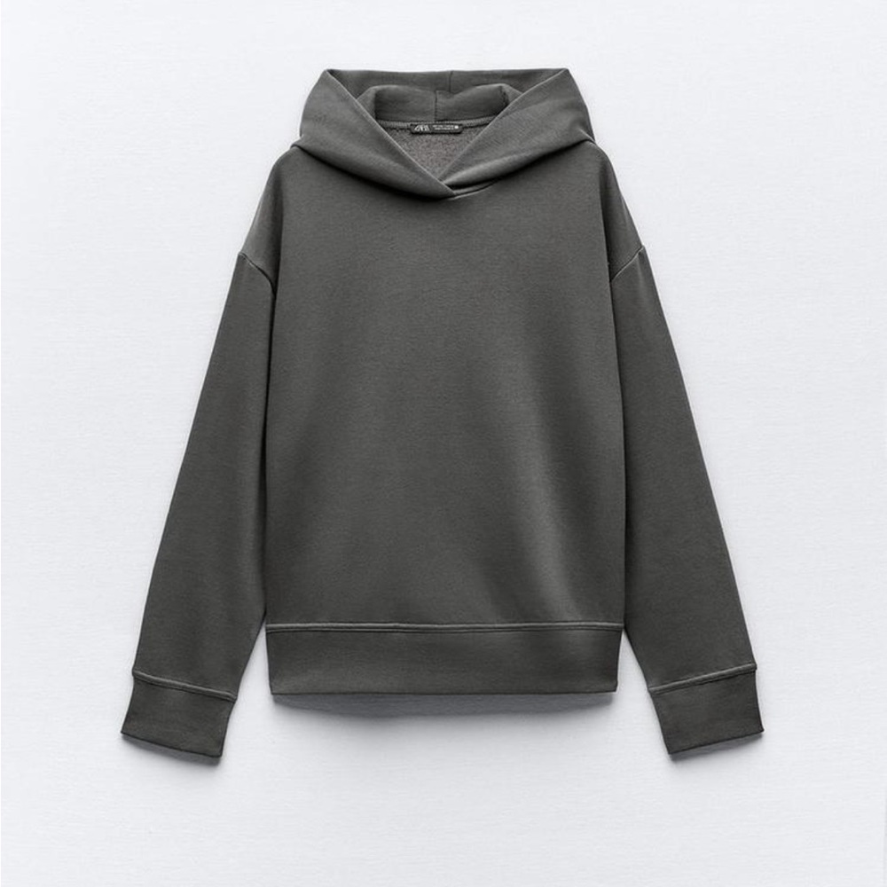 ZARA SLIGHTLY CROPPED HOODED SWEATSHIRT CHARCOAL GRAY WOMENS SIZE M